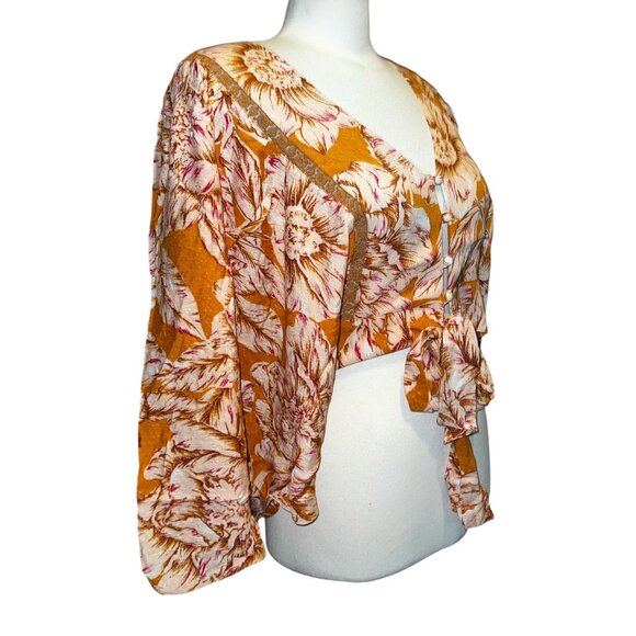 Band of the Free Libby Gold Floral Bell Sleeve Crop Top Sz XS Womens Yellow - Picture 6 of 15